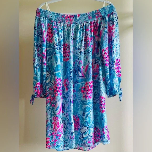 Lilly Pulitzer MaryEllen Off the Shoulder Dress - Zanzibar Blue Party Princess M - Picture 3 of 8